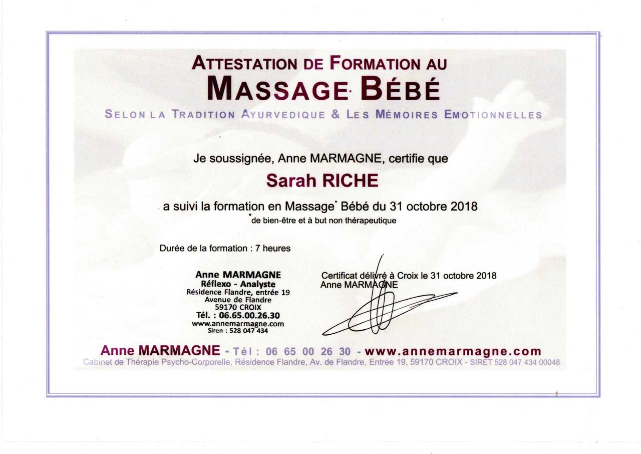 Attestation de formation au massage bébé selon la tradition ayurvédique et les mémoires émotionnelles – L'élan de vie 82.