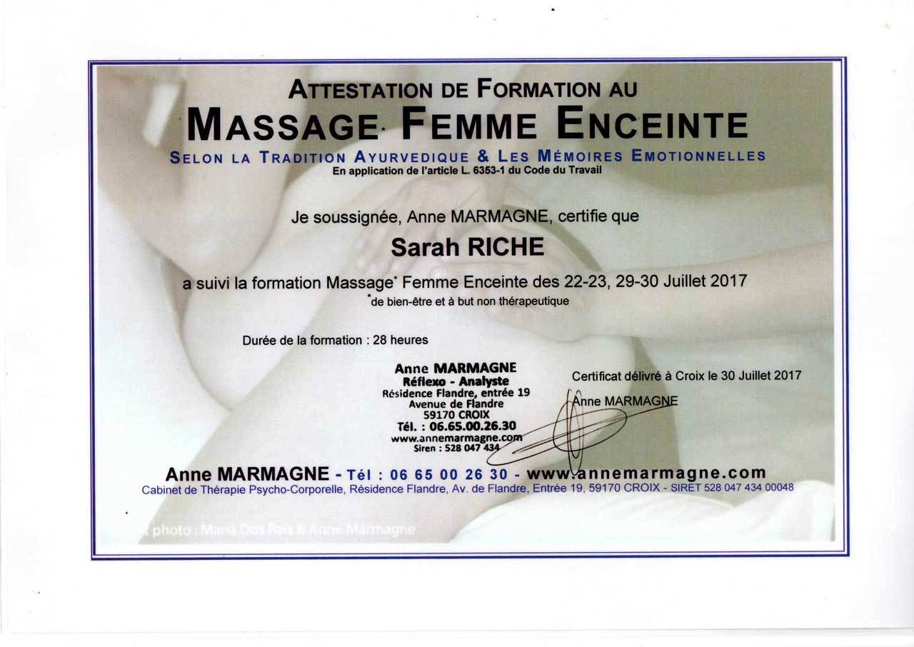 Attestation de formation au massage femme enceinte selon la tradition ayurvédique et les mémoires émotionnelles – L'élan de vie 82.
