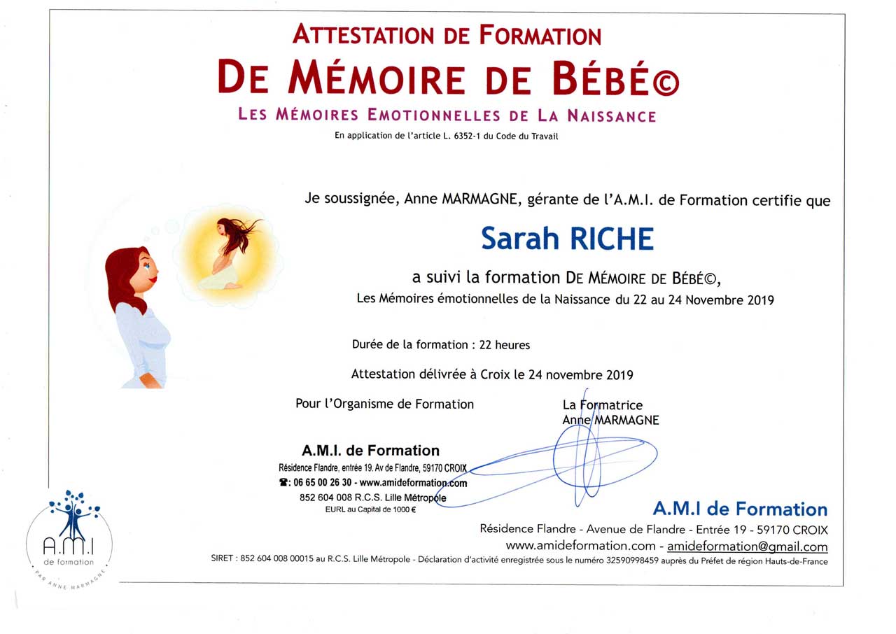 Attestation de formation de mémoire de bébé et les mémoires émotionnelles de la naissance – L'élan de vie 82.