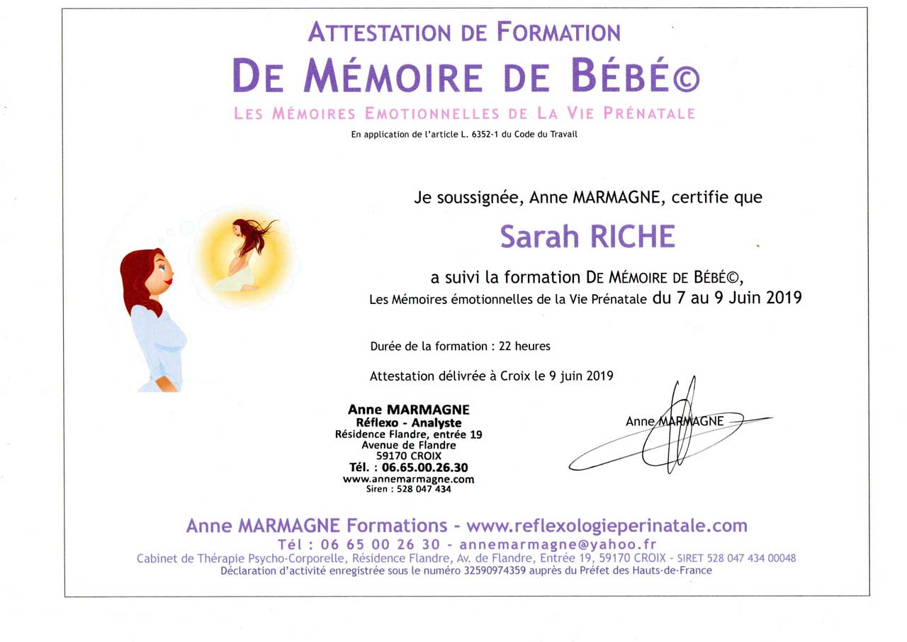 Attestation de formation de mémoire de bébé et les mémoires émotionnelles de la vie prénatale – L'élan de vie 82.