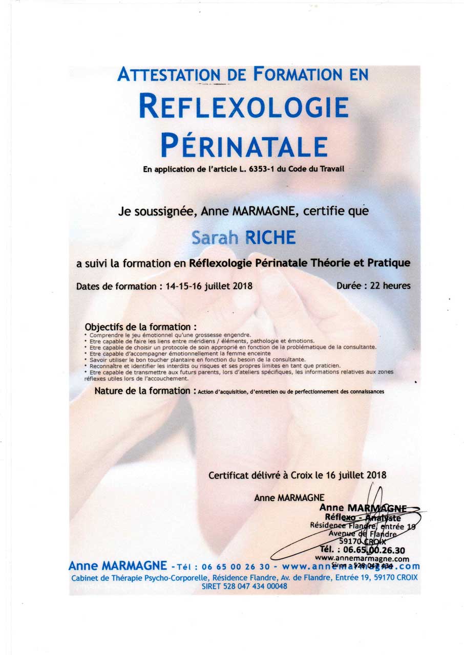 Attestation de formation en réflexologie périnatale – Cabinet L'élan de vie, Tarn-et-Garonne (82).